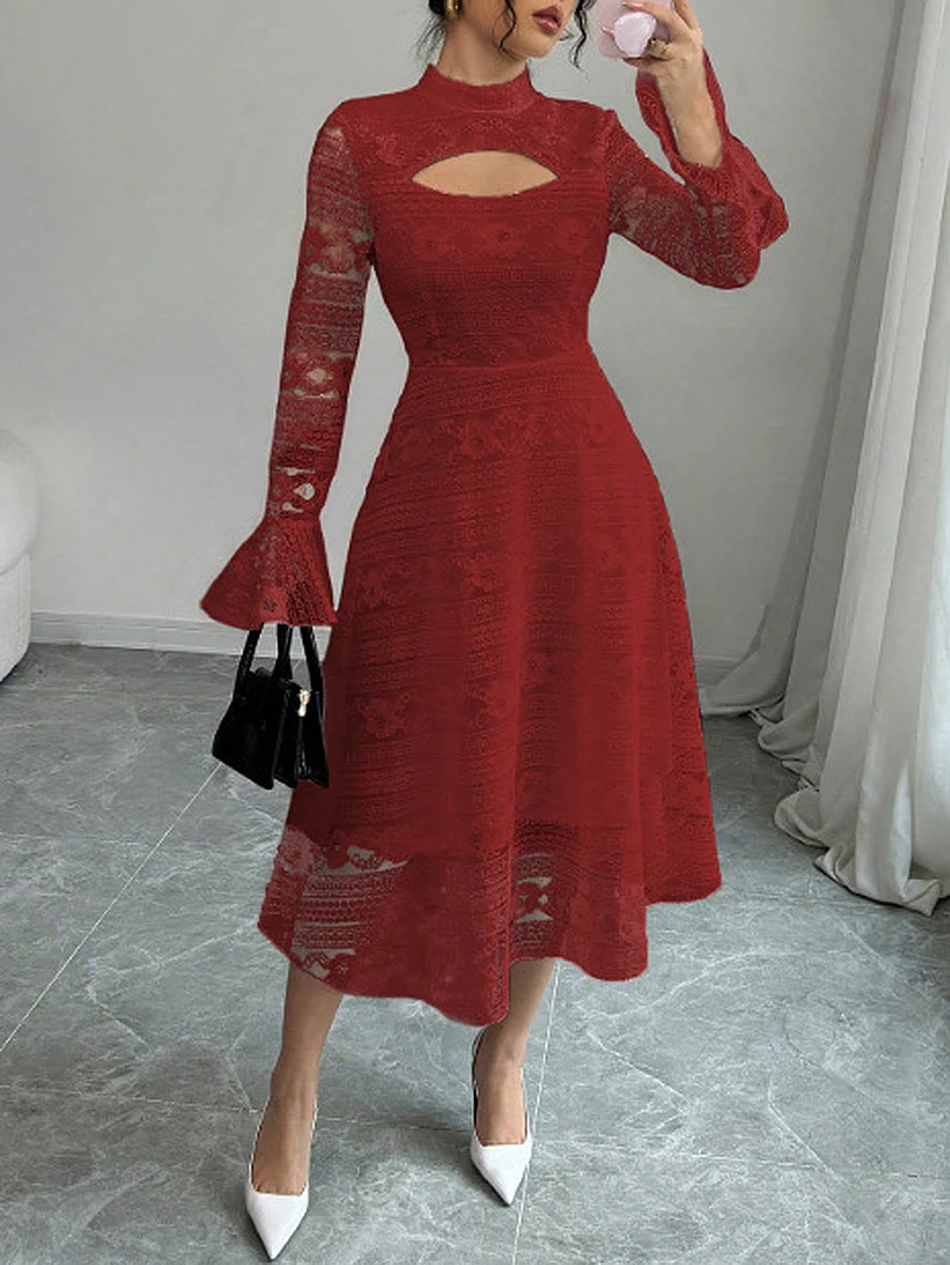 Damen-Sommerkleid, lässig, einfarbig, Hakenblume, hohl, Ausschnitt, Rüschenärmel, Stehkragen unterhalb des Knies, A-Linie, Alltagskleid