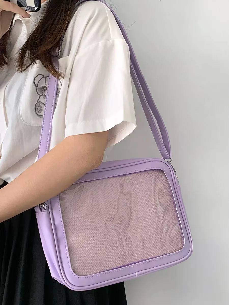 Japanese Lolita JK Bag Soft PU Leather With Badges Display Plate Itabag Women Transparent Uniform Crossbody Bags Kawaii Ita Bag