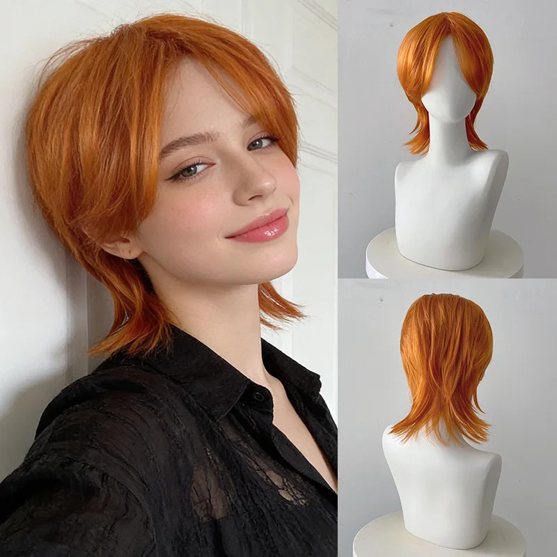 

Orange short hair wig, European and American style, wolf tail mullet, synthetic fiber full headpiece