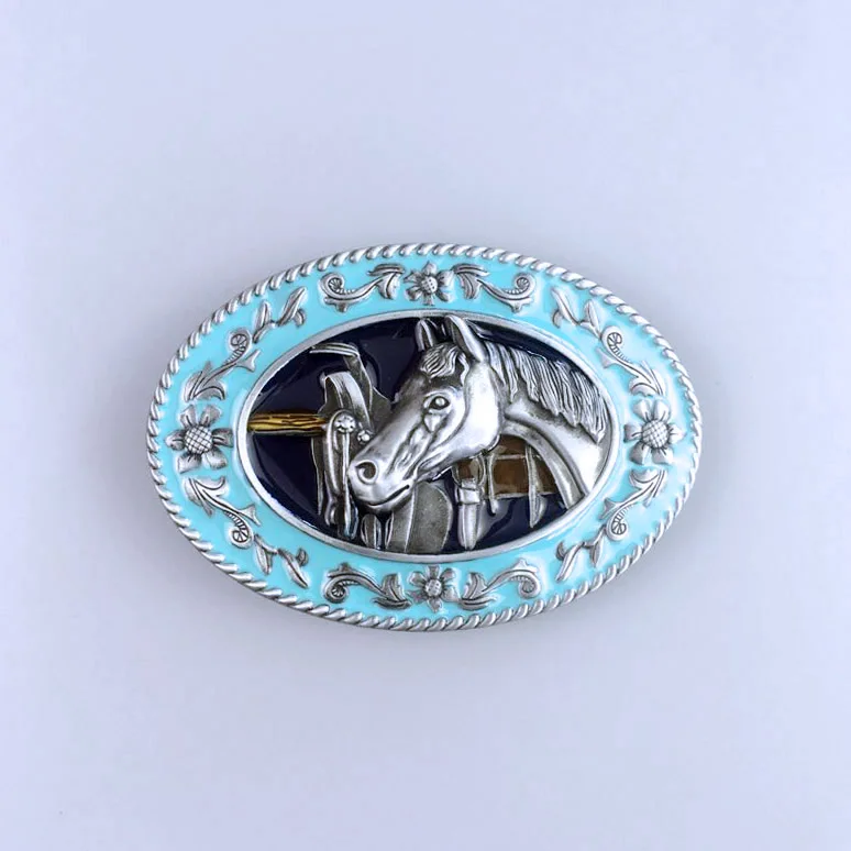 Enamel Horse Head Saddle Western Oval Belt Buckle Hebilla BUCKLE-WT089