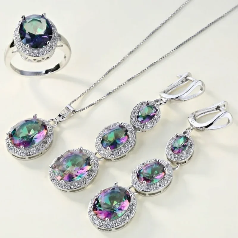 Luxury Colorful Cubic Zirconia Earrings Necklace Ring Fashion Wedding Three Piece Jewelry Set Exquisite Temperament Gift