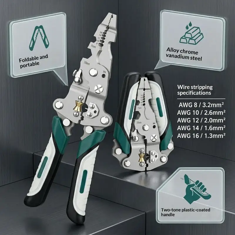 NEW Foldable Pliers Wire Stripper Heavy Duty Multifunctional Portable Crimping Tool Wire Cutter Multi-Tool Wire Stripper Pliers