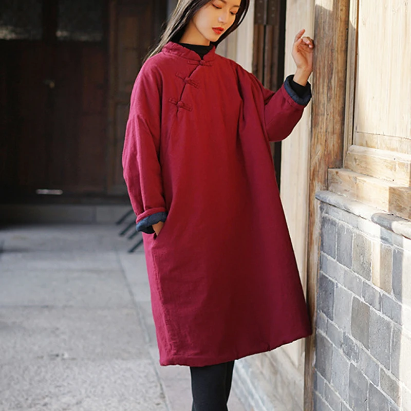 

Retro Cotton Jaet Women's Mid-Length Cotton Linen Filled Coat Chinese Sle Oblique Collar Cotton Clothes Zen Modified Hanf...