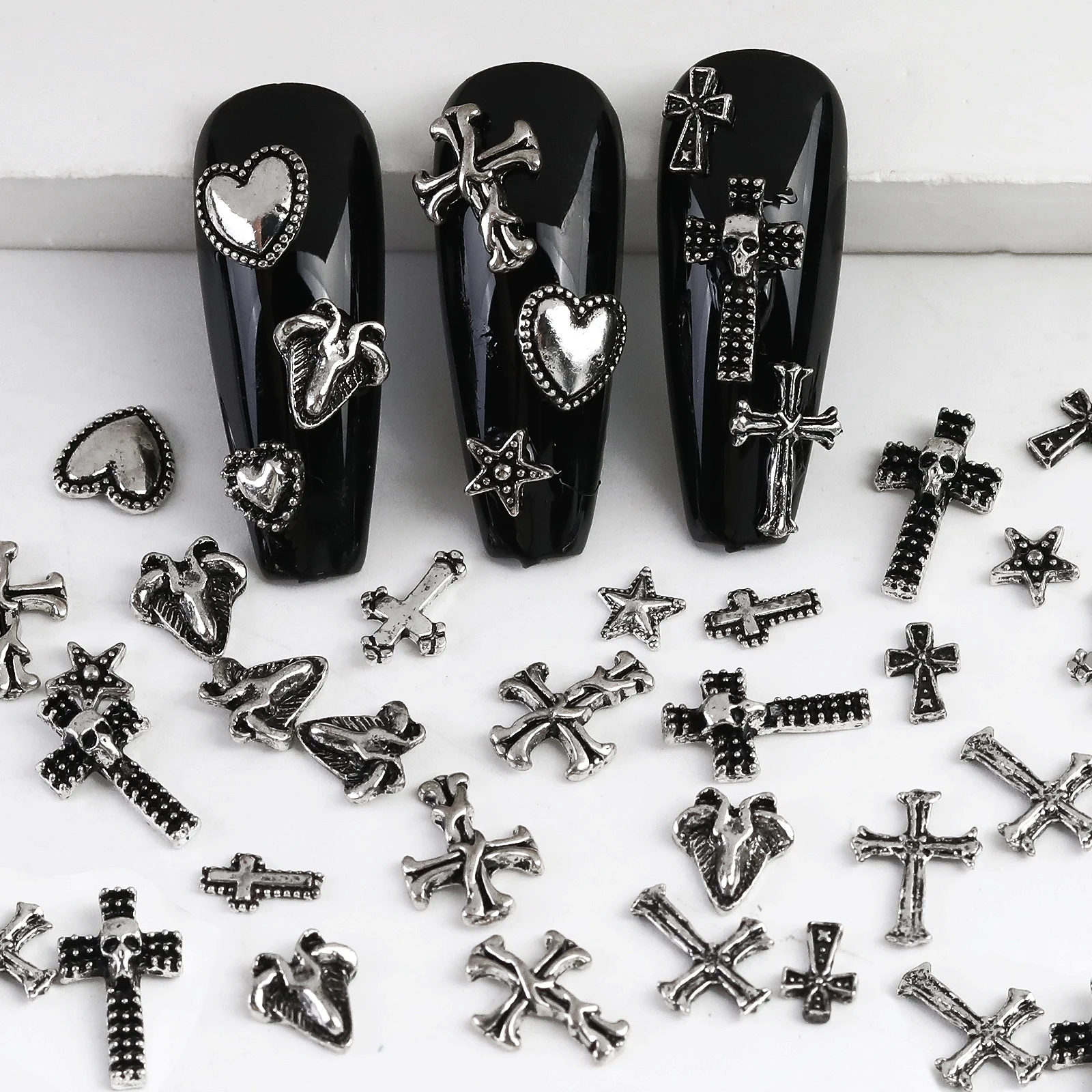 120 pcs / 1 box European American dark vintage style cross nail art patch y2k Premium Metal Style Heart Nail Metal Decorment Set