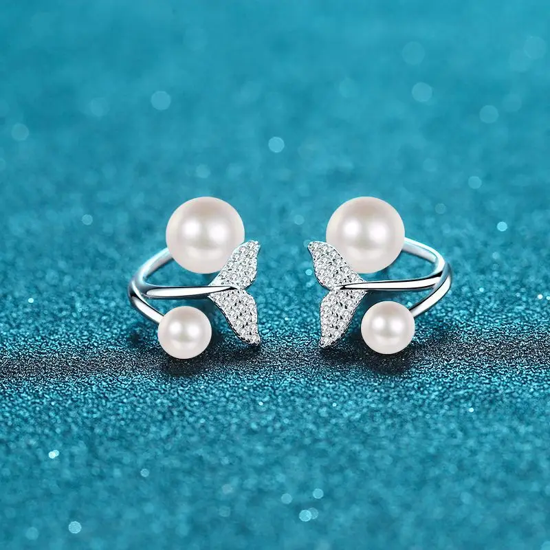 Elegantes Pendientes de Plata Platino PT950 con Diseño de Cola de Sirena, Estilo de Doble Uso, con Perlas de Agua Dulce y Moissanitas Dispersas