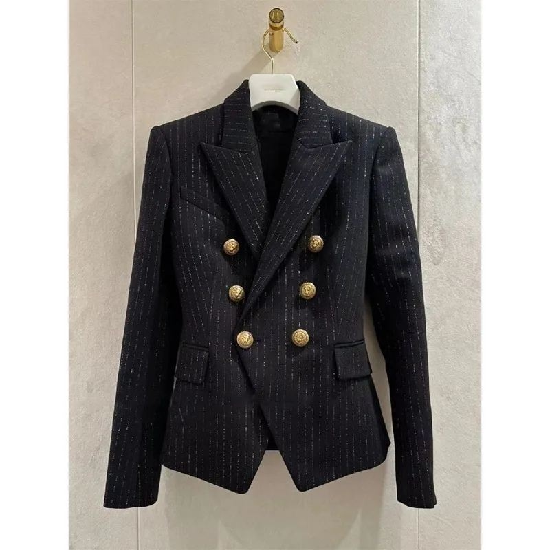Korean Version Double Breasted Slim Striped Suit Jacket For Women In Spring And Autumn 2026 New High-End And Unique Top Black