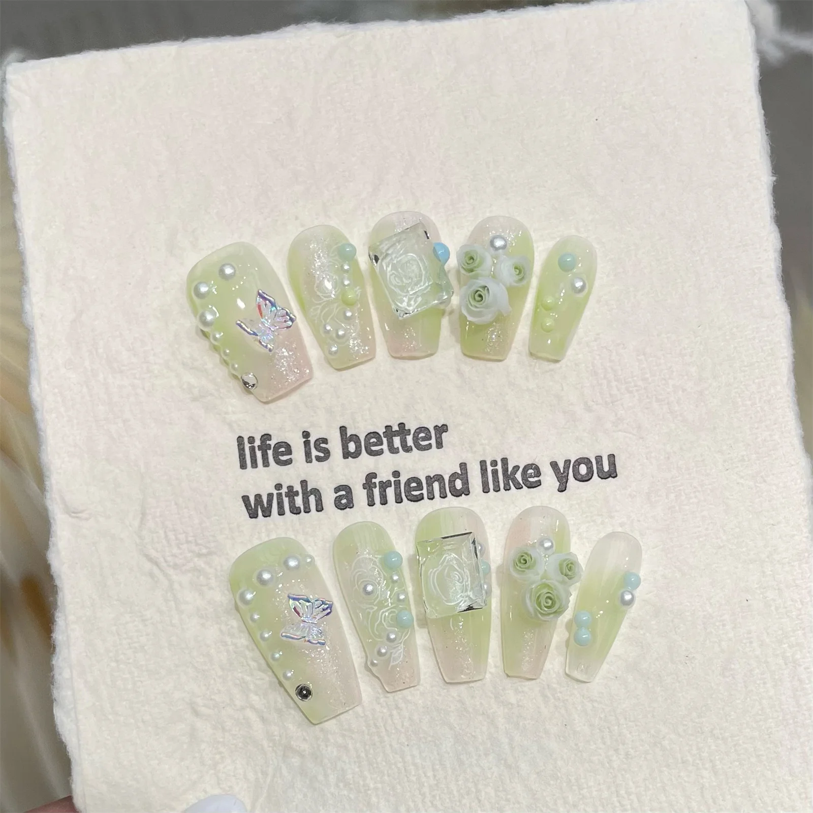10pcs Handmade False Nails 3D Roses Aurora Butterfly Decor Press On Nails Summer Clear-Green Fake Nails With Designs Wearable