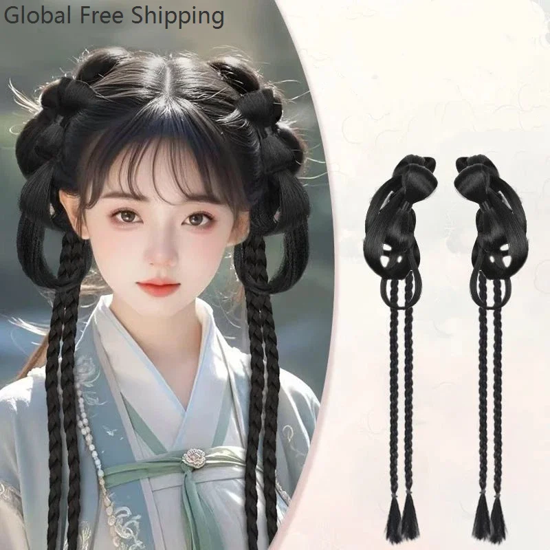 

Hanfu Wig Hair Clip Retro Bow Bun Role Play Cute Girl Chinese Style Clothing Hair Accessories Chinese Clothing Braid Headdress