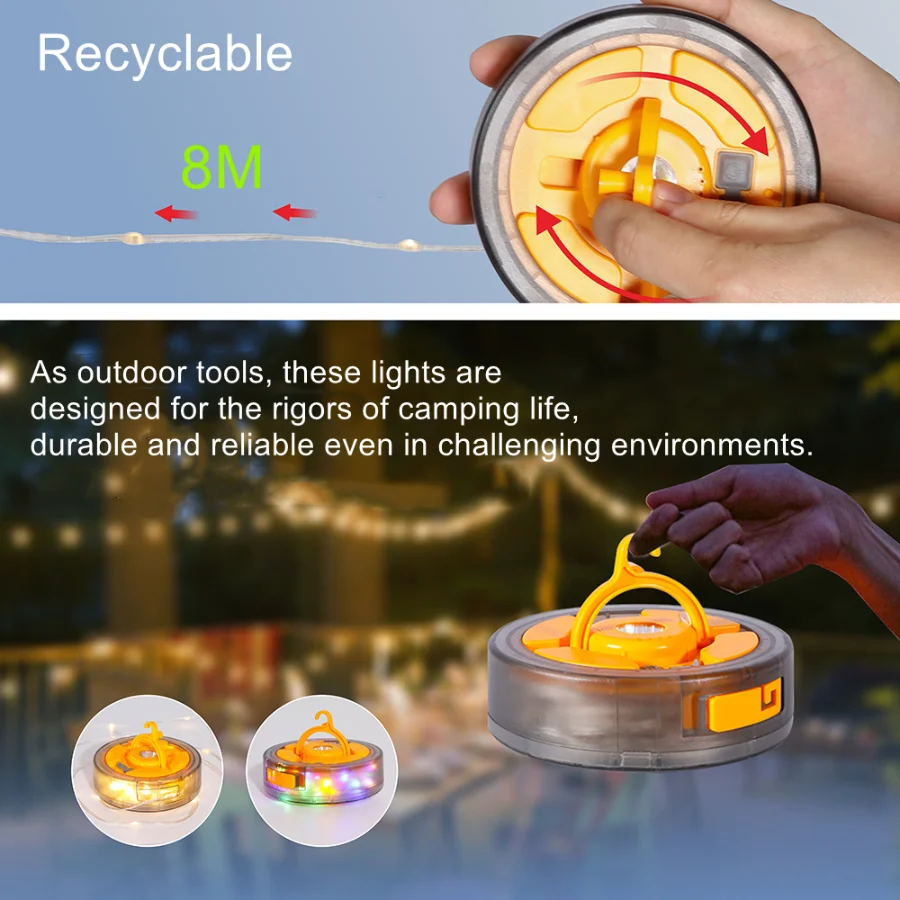 Portable Optional Solar RGB Recyclable Camping Light String 8M Ambient Camping Picnic RV Outdoor Tent Light Strip Decorative