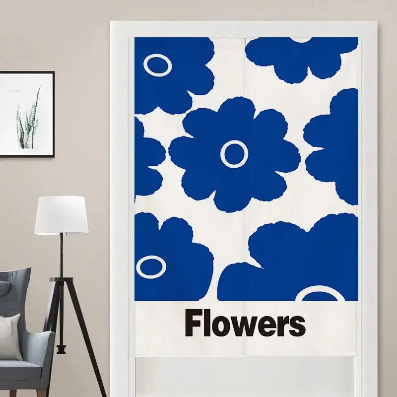 VIKAMA Minimalist Blue Floral Door Curtain, Floral Print Japanese-Style Door Curtain, Bedroom Privacy Door Curtain, Home Decor