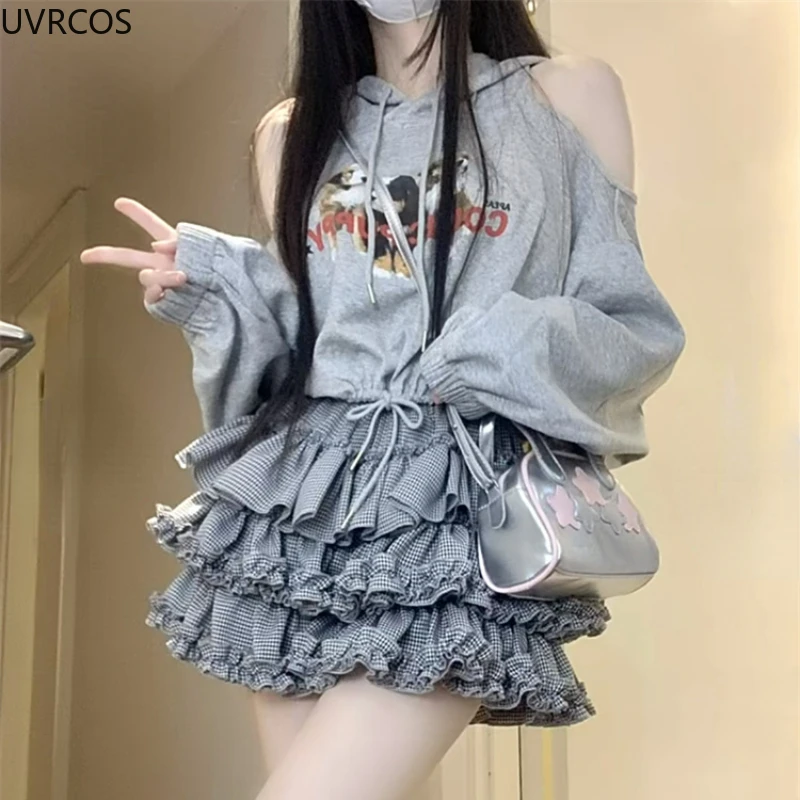 Autumn Kawaii 2 Piece Skirt Suit Women Casual Y2k Lolita Mini Cake Skirt Set Female Korean Fashion Hooded Top Sweet Set 2023 New