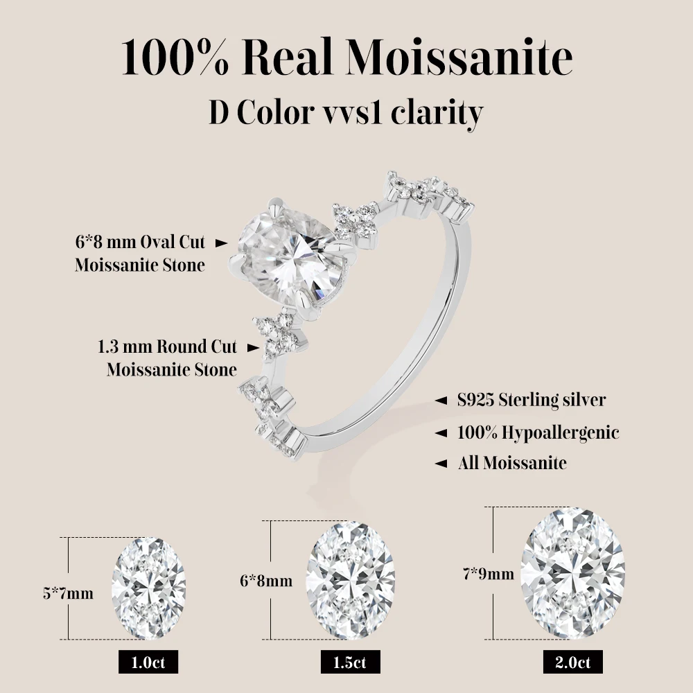 CHARMING Luxury Oval-cut 6*8 Moissanite Ring S925 Silver for Women party Jewelry Birth-Gifts Anniversary Enagagement High Value