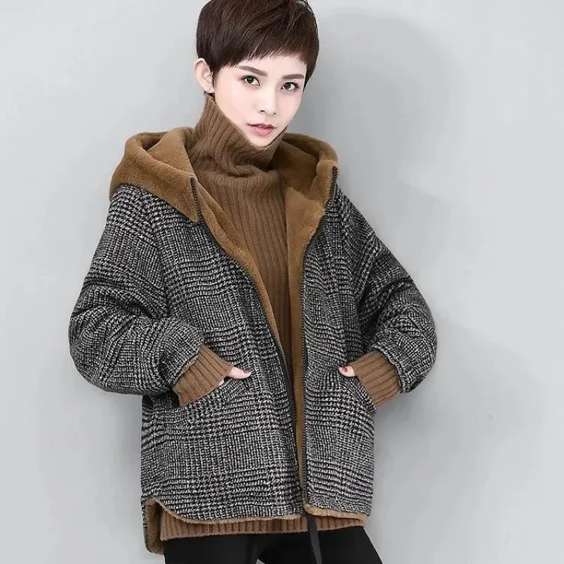 Dámská volná fleecová mikina s kapucí z jehněčího sametu, oboustranná, bavlněná bunda, módní podzim/zima - náhled 3