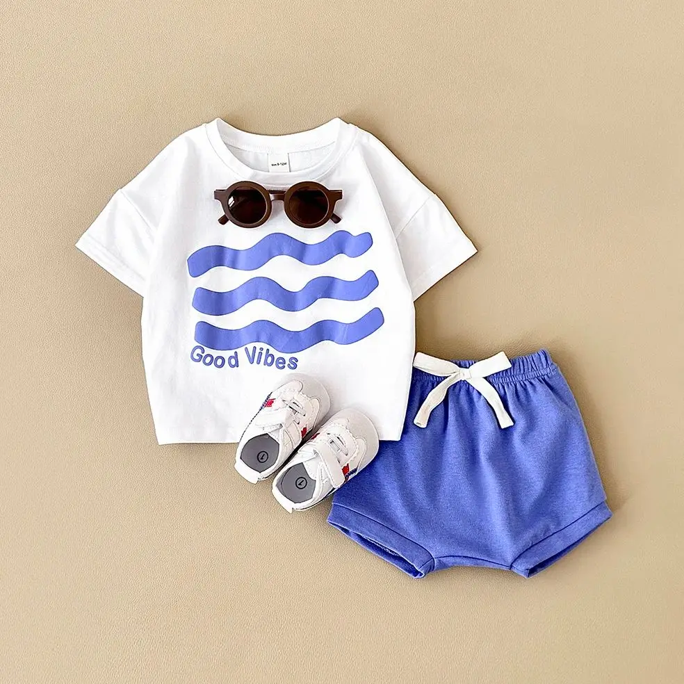 Ins Newborn Baby Boys Clothes Sets Summer Girls Clothing 2Pcs Cartoon Wave T-shirt+Beach Shorts Cotton Infant Toddler Suit 0-3Y