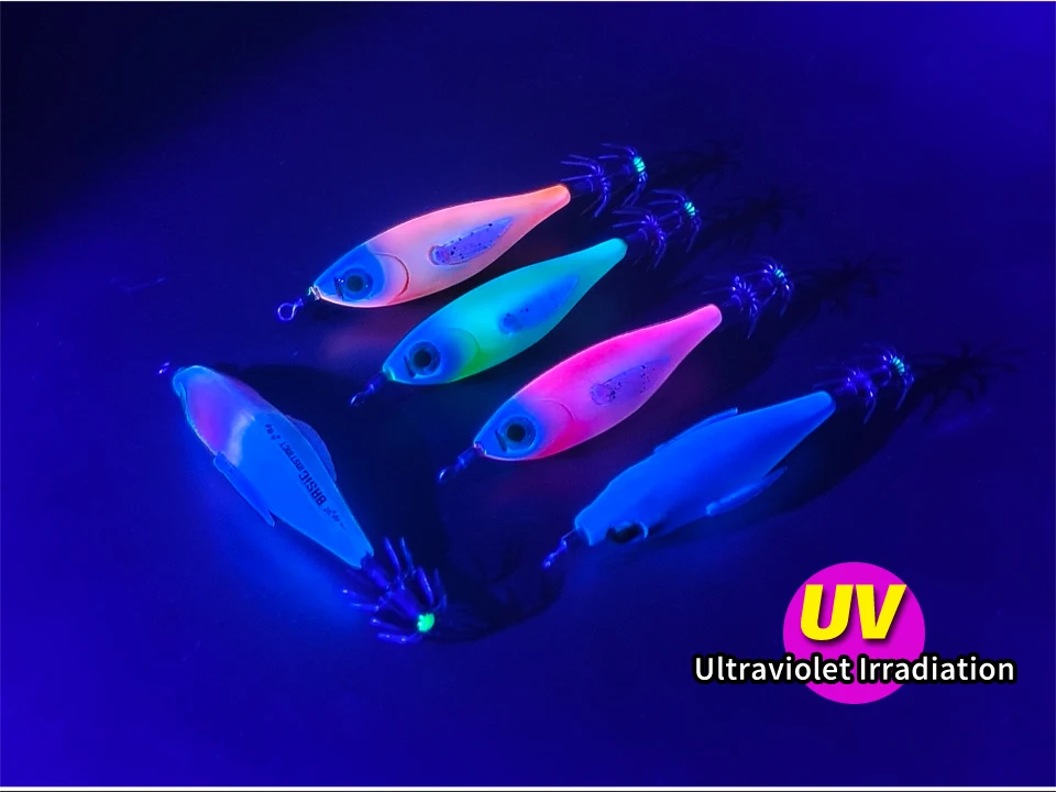 5 Stück UV-Leuchtende Tintenfisch-Jigs Egi-Köder mit Scharfen Haken, Leuchtende Holz-Garnelenköder für Salzwasser, Oktopus- und Tintenfisch-Angeln, Meeresangel-Zubehör-Set – Detail 4
