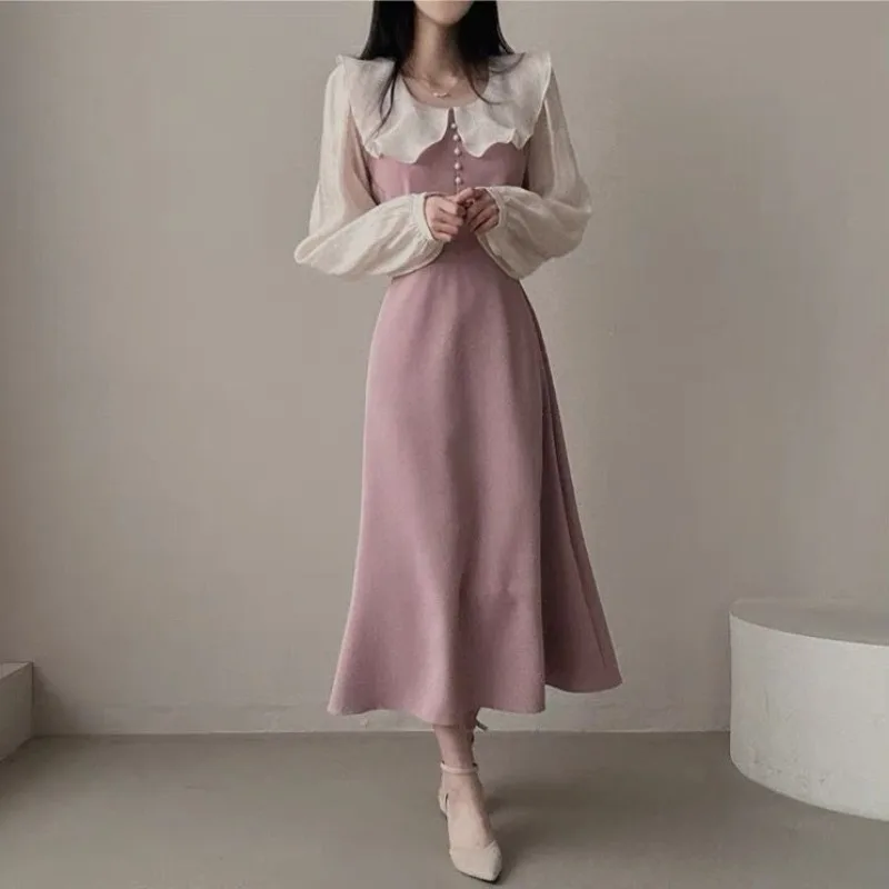 Long Sleeve Dresses Women French Vintage Ruffles Patchwork Mid-length Chic Sweet Temperament Elegant Gentle Vestidos Autumn Ins