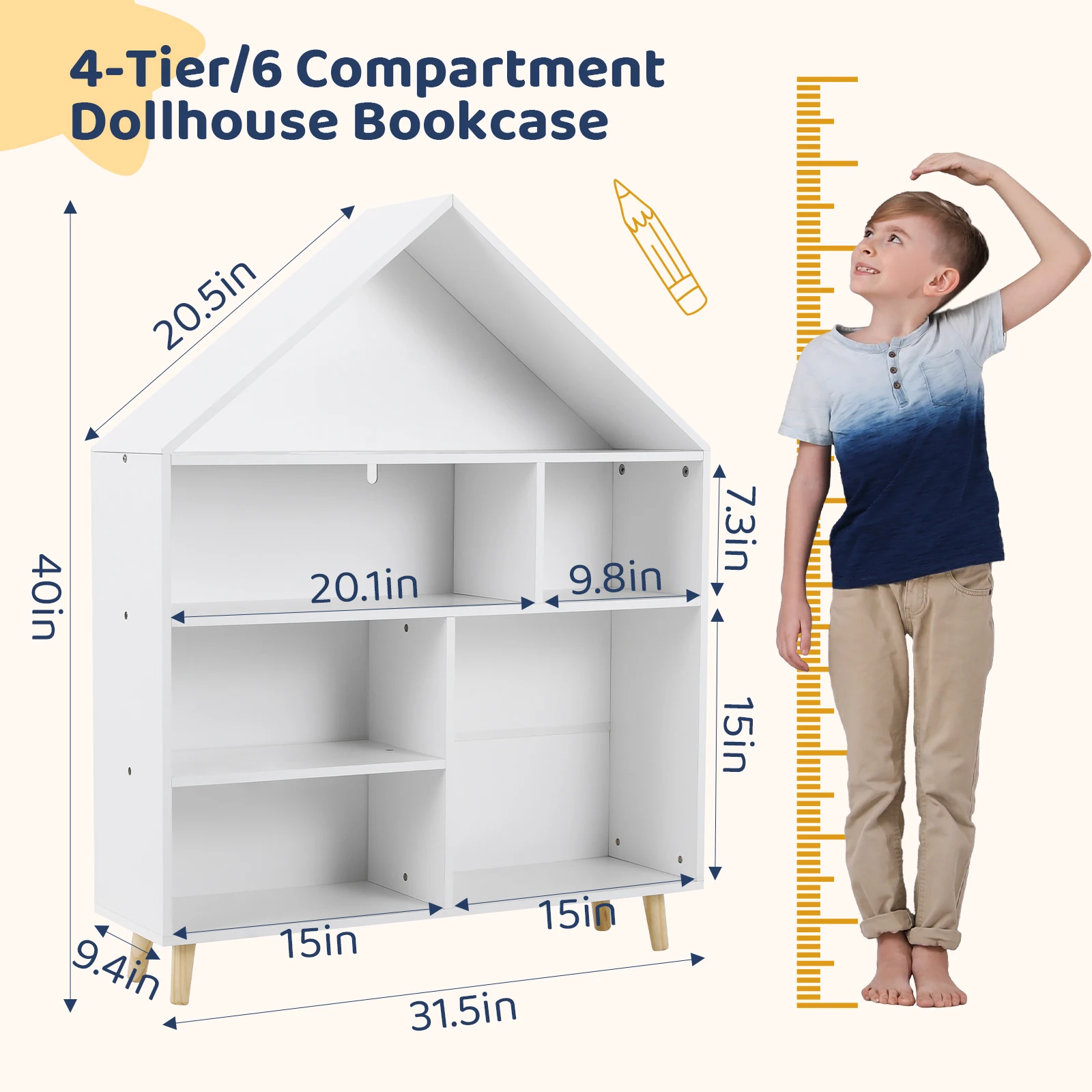 AOOU Kids Bookshelf Toy Organizer, Toddler 6 Cubbies Wood Open Bookcase 4-Tier Children Storage Cubby, Storage Cabinet