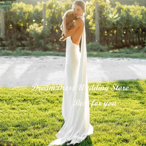 DREAM Anpassad Enkel V-ringad Halter Sjöjungfru Crêpe Bröllopsklänning För Damer Boheimisk Rygglös Sweep Släp Brudklänning 2025 10 best sales importerade bröllopsklänningar - №7