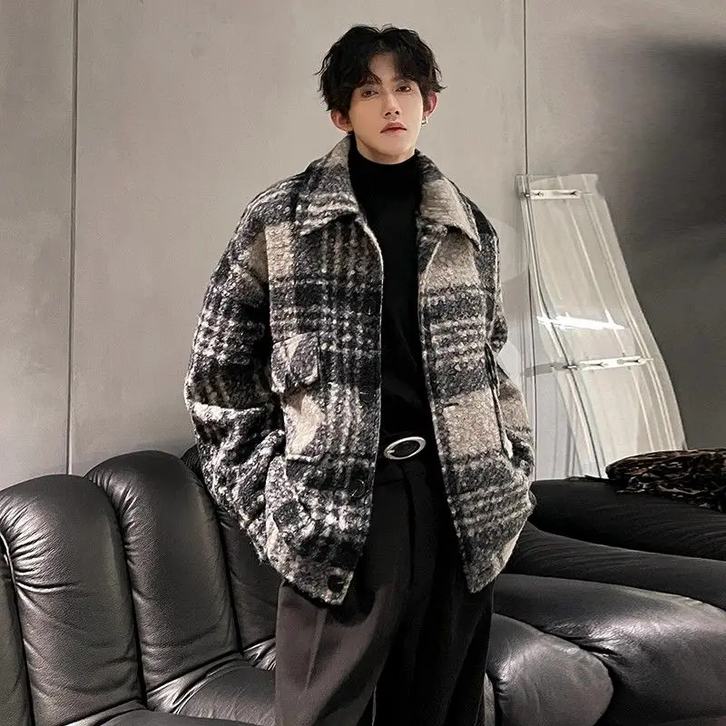 

Autumn Winter Woolen Coat Warm Loose Men's Plaid Furry Jaet Vintage Tweed Coat Haome Spring Polyester Casual Jaet