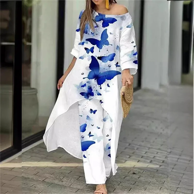 Elegant Botanical Flower Print Two Piece Sets Irregular Sun Protector Long Top Casual Loose Female Suits Straight Wide Leg Pants