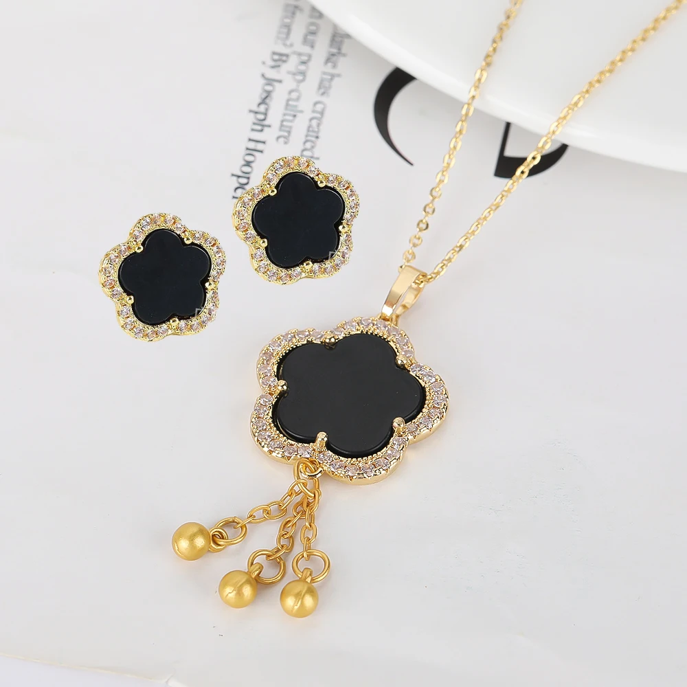 Bell Lovely Plant CZ Zircon Flower Plant Natural Stone Pendant Necklace Earrings Jewelry Set Women's Gift Simple Luxury