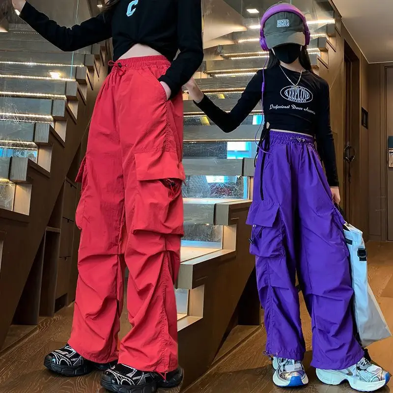 Girls Cargo Pants Spring Autumn Children's Loose Wide-leg Trousers Kids 4 To 14 Year Large Pocket Hip Hop Performance Sweatpants