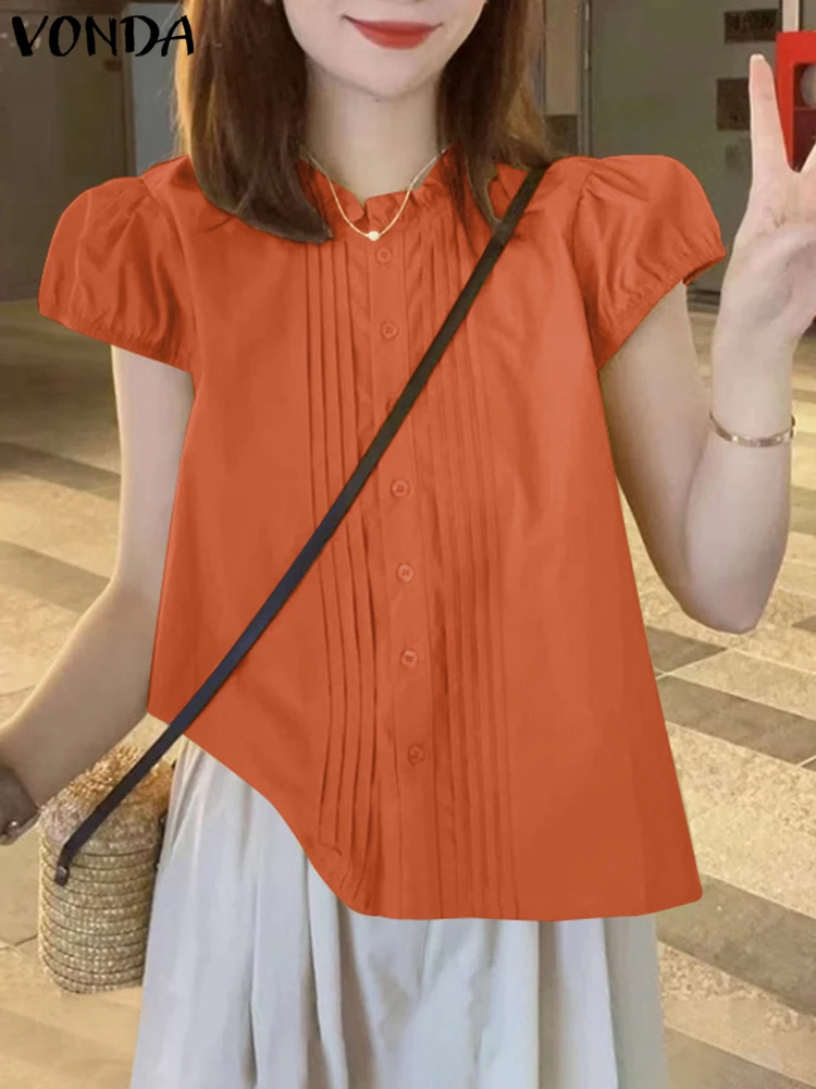 เสื้อเชิ้ตฤดูร้อน VONDA 2025 สีพื้น เรียบหรู แต่งระบาย แขนพองสั้น สไตล์ลำลอง ทรงหลวม คอตั้ง เสื้อผู้หญิง