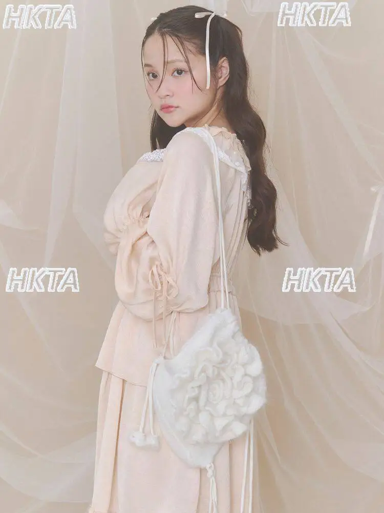Japanese Handmade Three Dimensional Rose Kawaii Drawstring Crossbody Bag Sweet Lolita Plush Cute Knit Bag White Backpacks Women