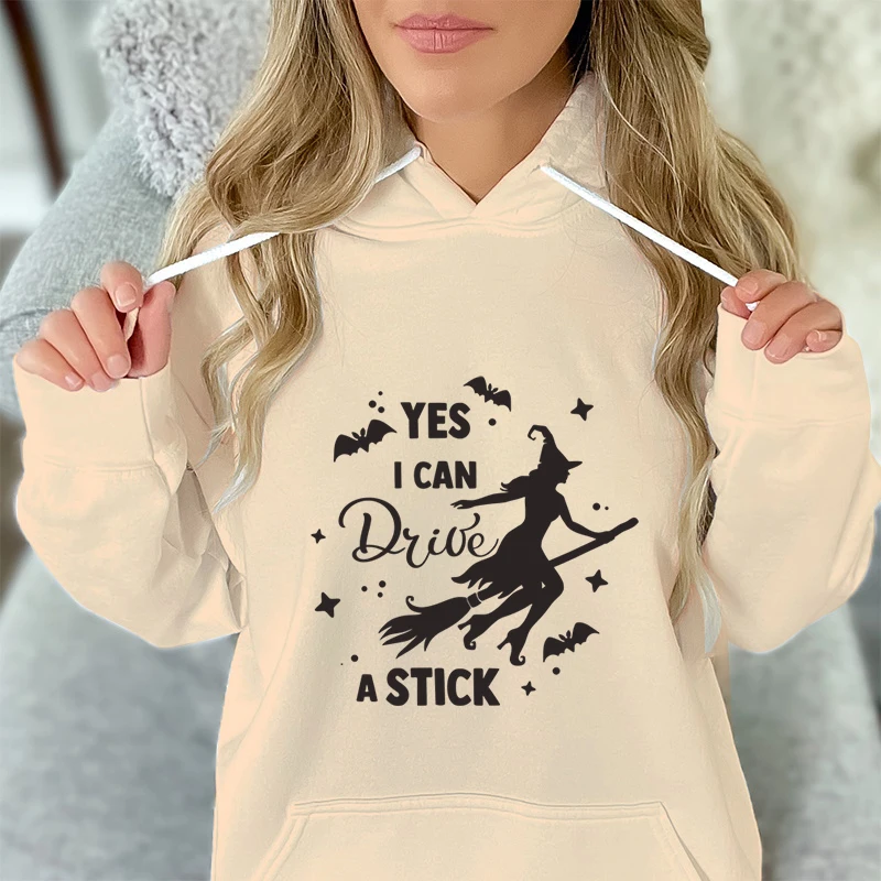 Fashion Women Sweatshirt Hoodie Halloween Witchy I Can Drive A Stick Hoodies Women Halloween Vintage Retro Witch Pullover Hoodie