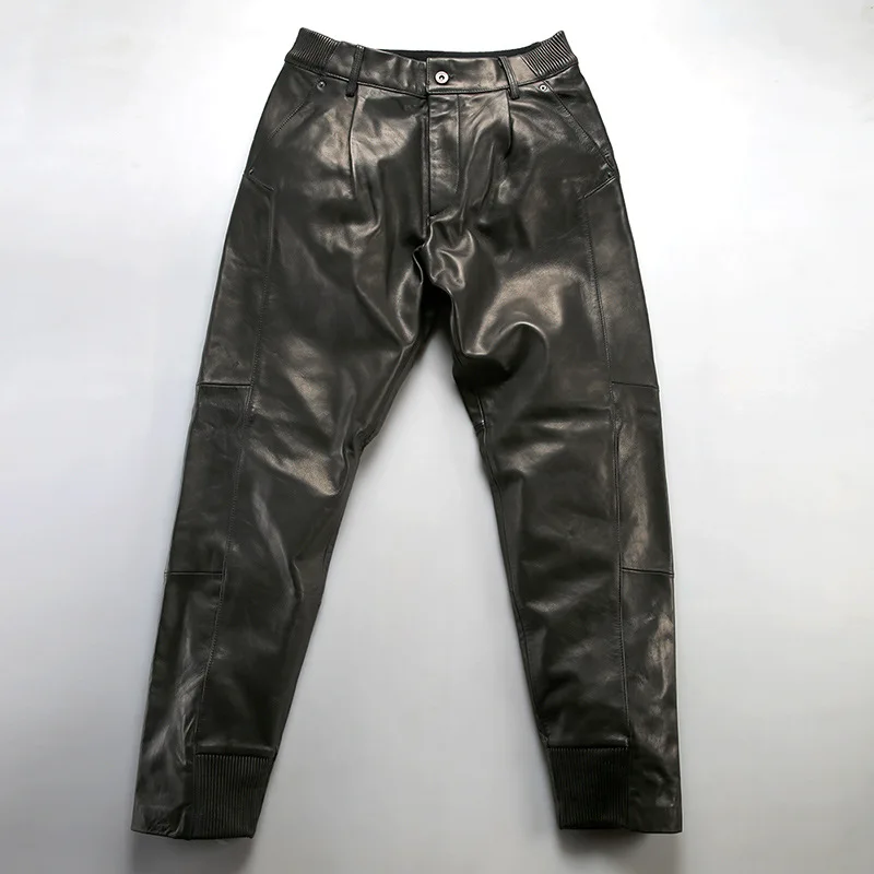 

New Fashion Casual Pants Men Retro Straight Motorcycle Genuine Leather Pants
