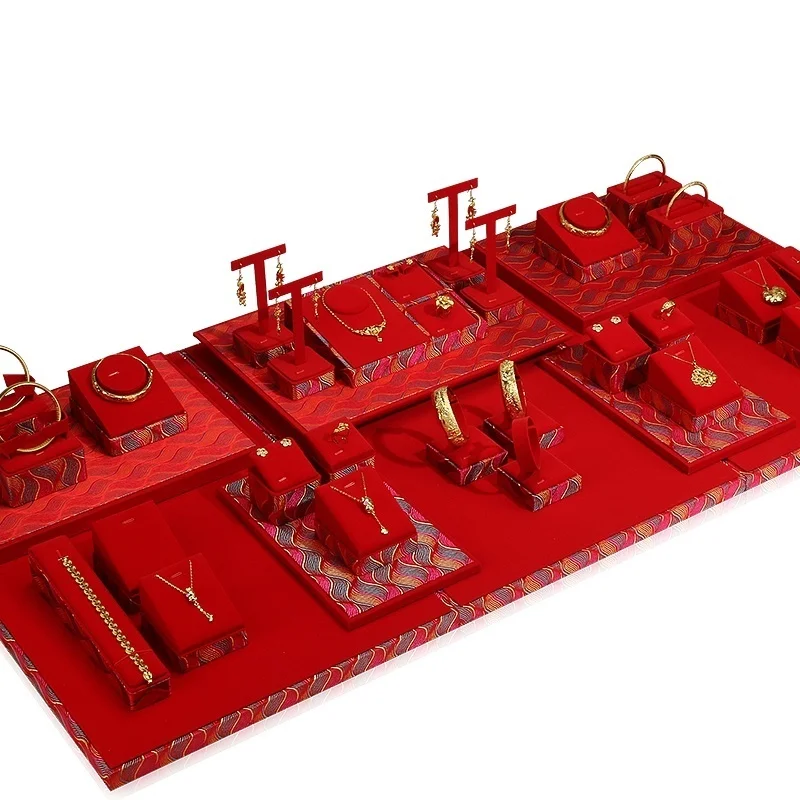 Red Leather Jewelry Display Stand, 6-Slot Ring Holder Box with Necklace Bracelet Pillow for Store Counter Showcase