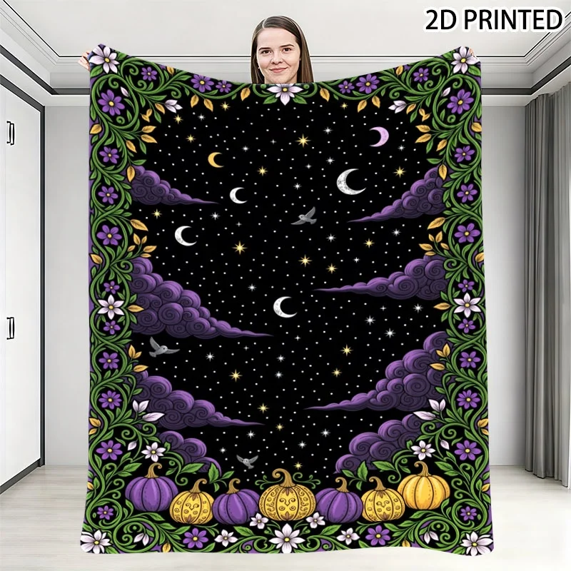 Whimsical Halloween Fall Decor Throw Blanket, Dark Fantasy Starry Night Sky Print with Crescent Moons, Floral Borders & Patterne