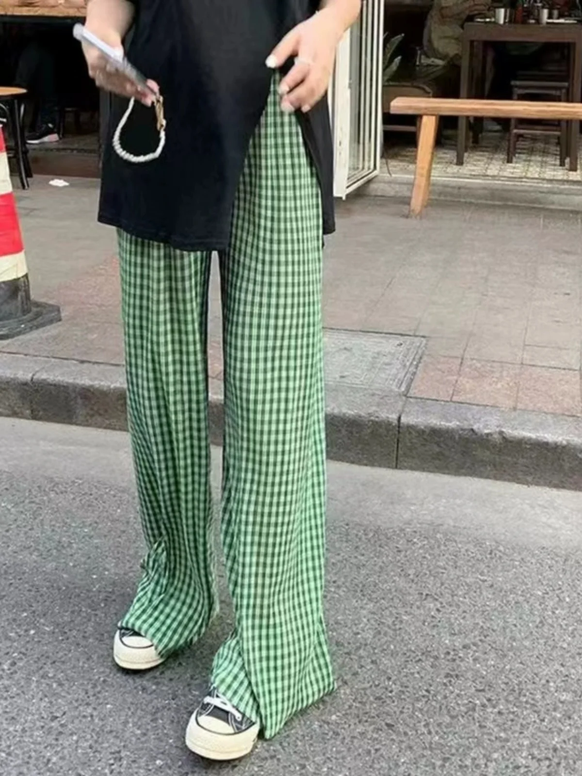 Lake een Ice Zijde Geruite Broek Dames Zomer Dunne Hoge Taille Gedrapeerde Zonwering Cool Rechte Casual Broek