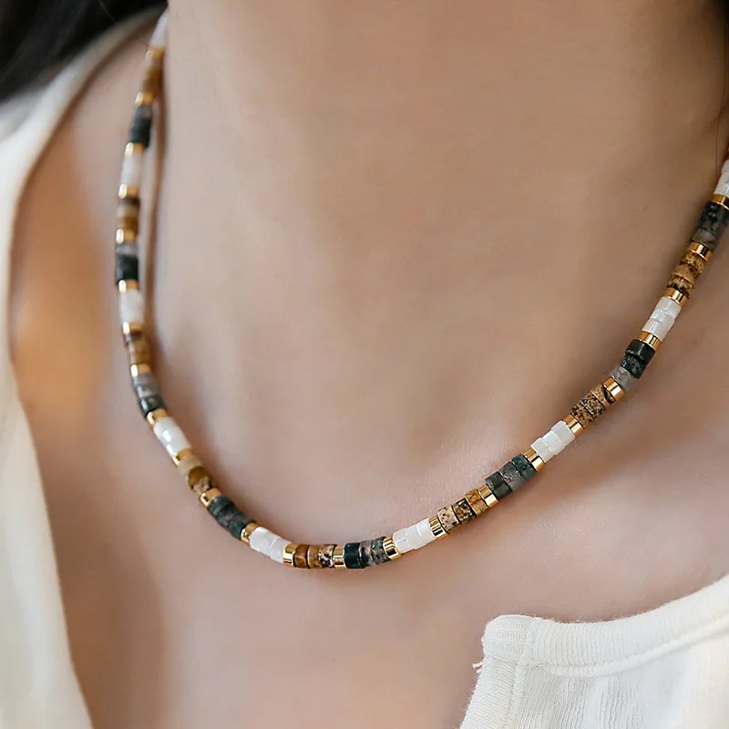 Minar Ethnic Multicolor Contrasted Natural Stone Beaded Necklace for Women Handmade Cubes Thread Strand Chokers Pendientes 2024