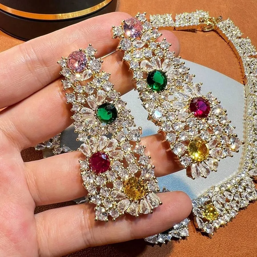 

New Jewelry Set Fully Inlaid With Zirconium, Heavy-Duty, European And American Exaggerated Fashion, High-End Colored Gemstone N