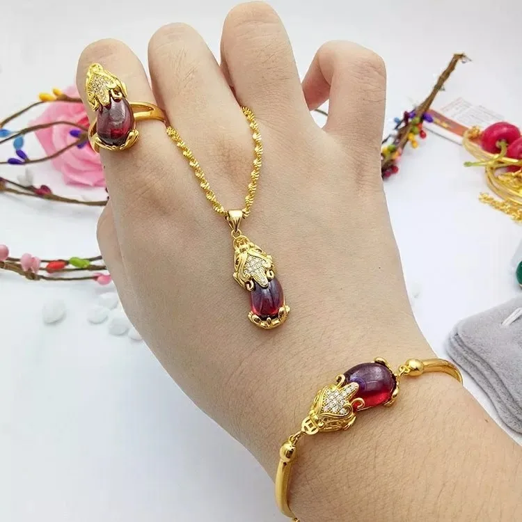 

24 gold ruby Pixiu bracelet for women to attract wealth and luck, real gold 999 Pixiu necklace pendant 3-piece set