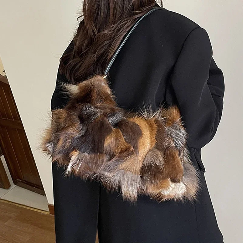 Winter Warm Fox Fur Shoulder Hobo Bags For Women Latest Luxury Designer Handbags Ladies Elegant Plush Evening Bag