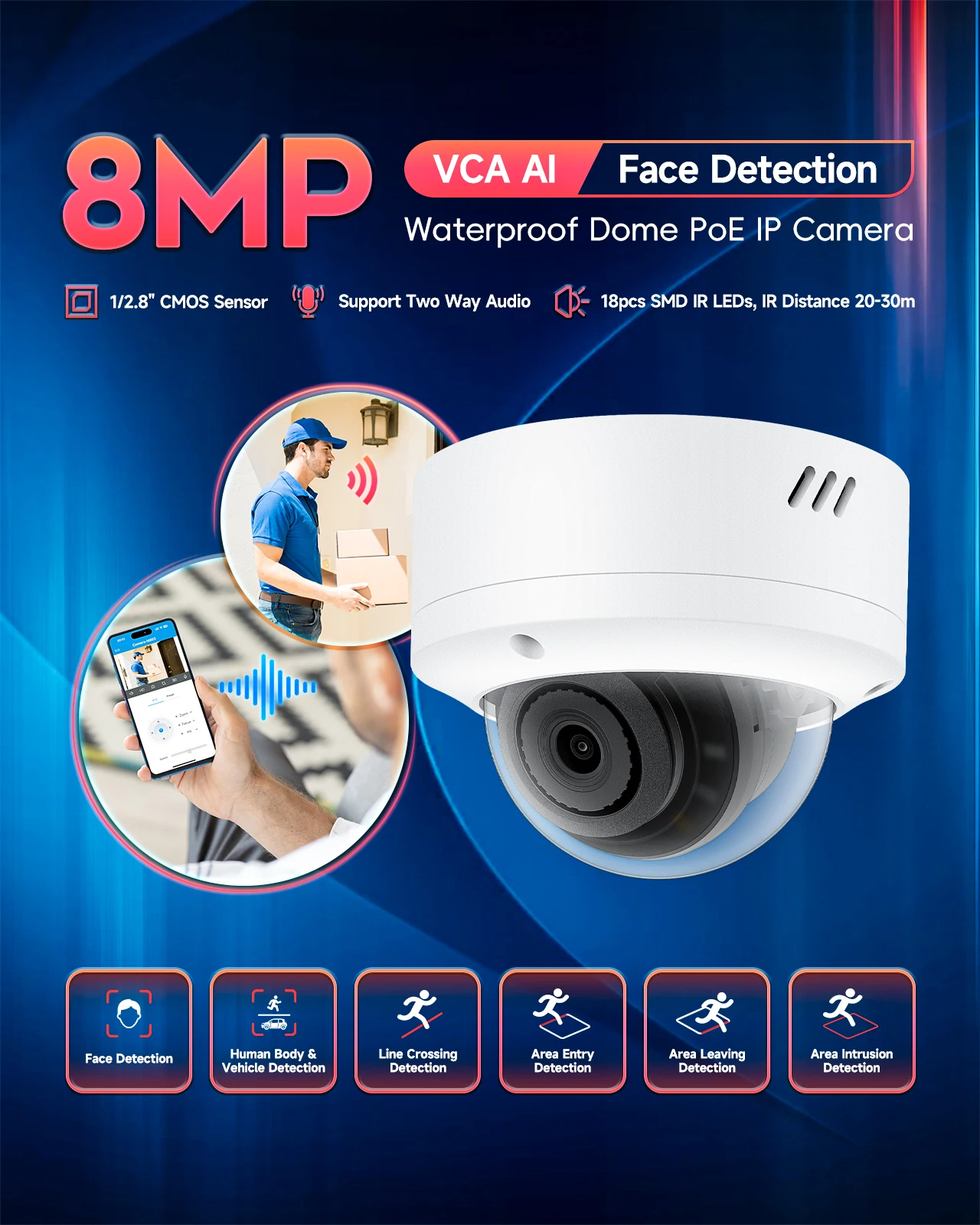 2026 8MP VCA AI Face Detection Human & Vehicle Detection IR Vandal-proof Dome IP Camera IK10 IP67  SD Slot Speaker