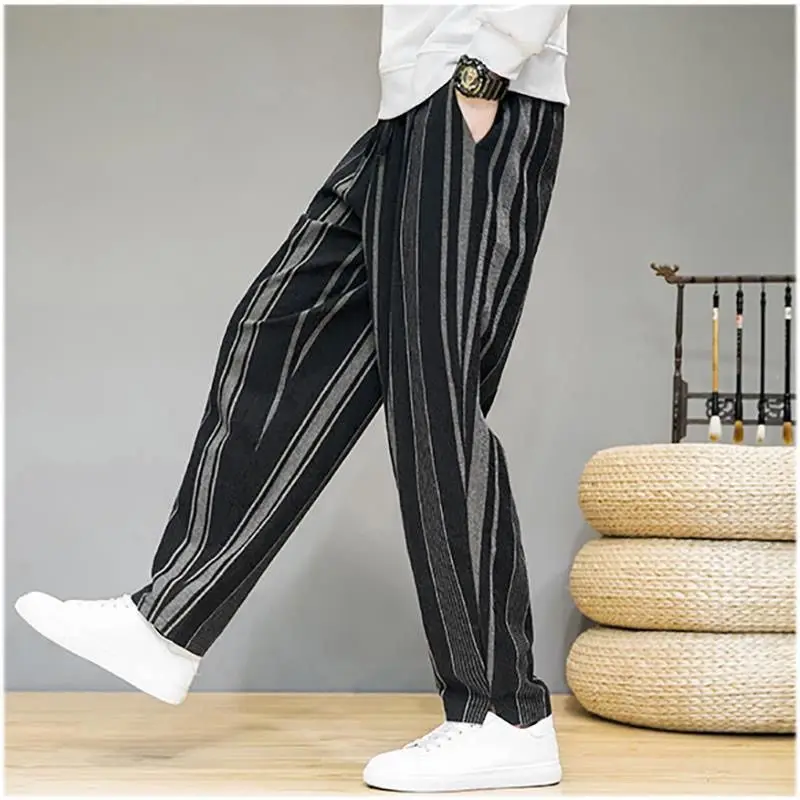 Spring Summer New Elastic Waist Fashion Striped All-match Haren Pants Man High Street Casual Loose Pocket Patchwork Trousers