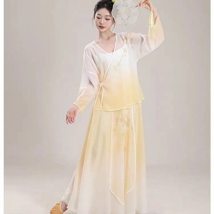 Новый классический танцевальный костюм, новое газовое платье с градиентным принтом в китайском стиле, элегантная большая распашная юбка, китайский танец,