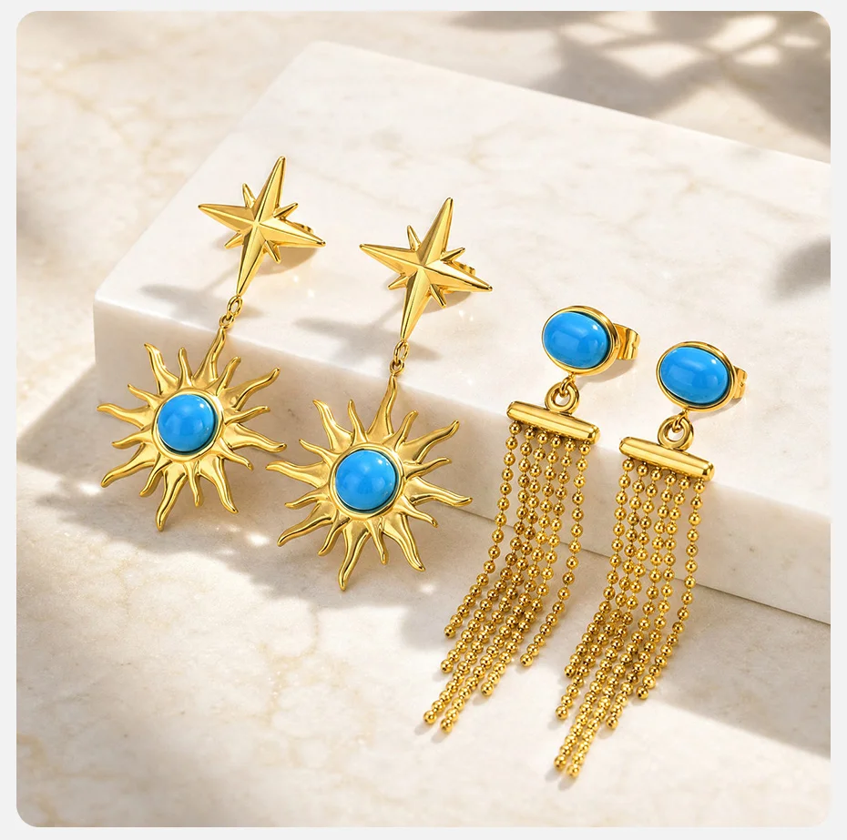 Vonx Sun Türkisfarbene Hängeohrringe für Damen, Edelstahl 18K vergoldet, lange Ketten-Quasten-Ohrringe, Boho-Strandschmuck – Detail 5