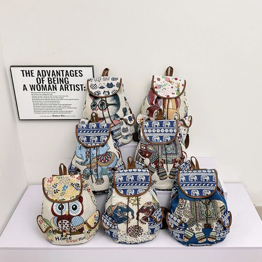 Fashion Ethnic Style Embroidery Knapsack Casual Jacquard Elephant Owl Animal Drawstring Backbag Canvas Bucket Back Bag Beach