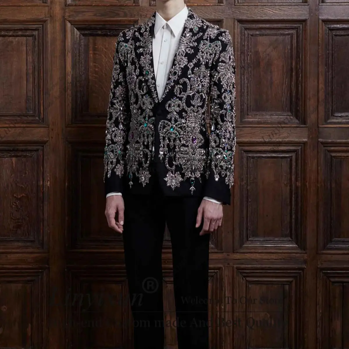

Luxurious Designer style Jewelry Men Suit Diamond Groom Tuxedos Customized 2 Piece Wedding Male Blazers Slim Party ropa hombre