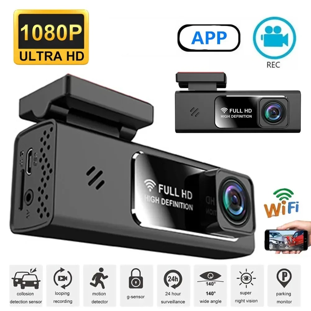 Car Dash Cam 1080P Driving Recorder USB Powered 140° Car DVR Camera with Night Vision WiFi Loop Recording 24H Parking Monitoring