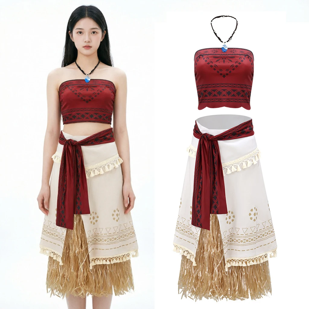 Disfraz de Moana para mujer, top rojo, falda de hierba, collar de conchas, fiesta de cumpleaños en isla tropical, vestido elegante, conjunto de playa de verano