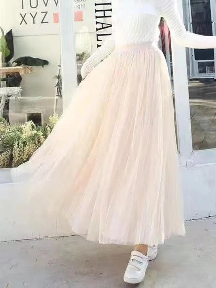 Elegant Women Tulle Skirt Korean Fashion Mesh White A Line Ladies Pleated Skirt Summer Chic High Waist Black Party Faldas