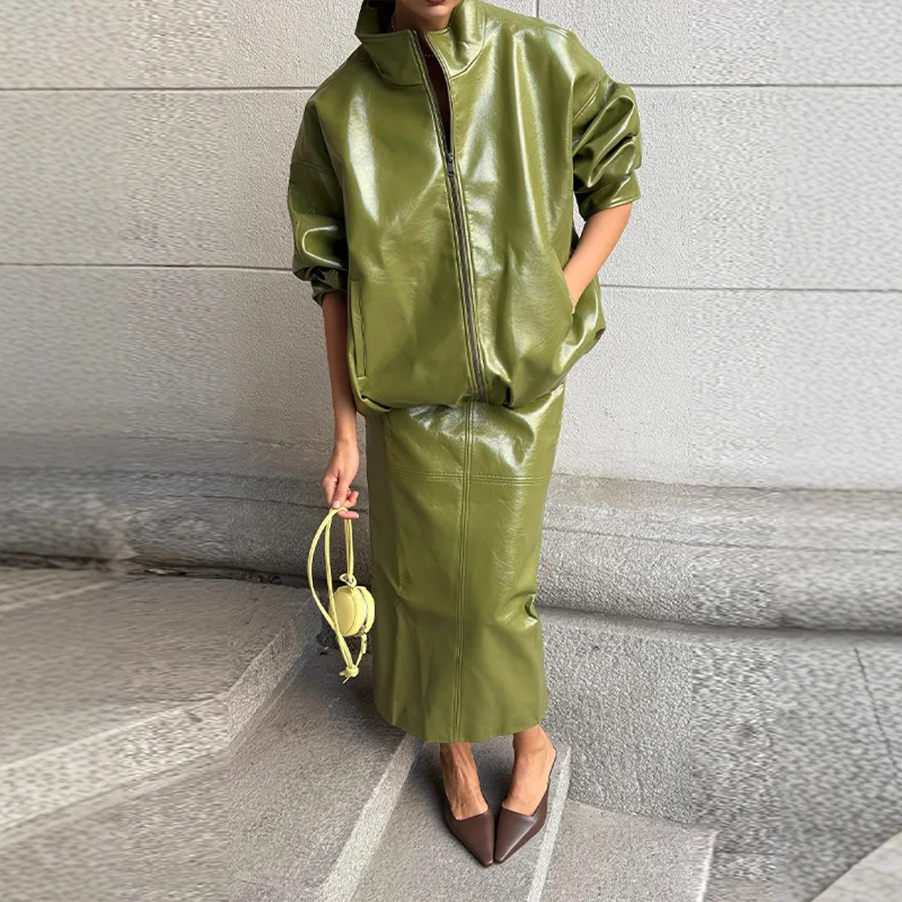 

2025 Autumn and Winter Women's Clothing Solid Color Temperament Stand-up Collar Jacket Jacket Skirt Suit