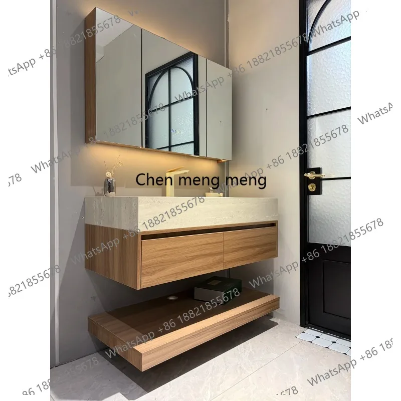 

Medieval travertine rock slab hot bending integrated basin bathroom cabinet combination walnut bathroom wash hands and face