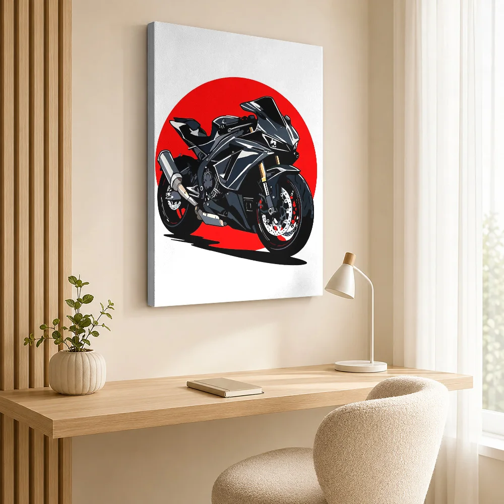 Black Motorcycle With Red Circle Framed Canvas Poster Customized Photo Bold Contours And Flat Colors Wall Art For Home Study