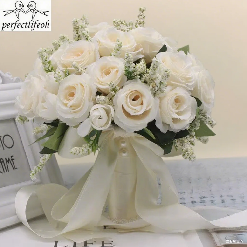 Bouquet de Mariage de demoiselle d'honneur, fleurs blanches and soie, Artificielles Roses Diego à La Main, Accessoires de Maria